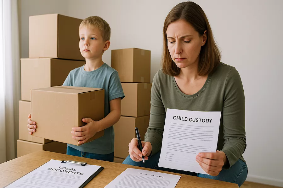 “Förälder och barn med flyttlådor och juridiska dokument – symboliserar flytt vid vårdnadstvist med fokus på trygghet, struktur och juridiskt ansvar i en känslig livssituation”